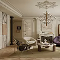 Elegant Retro French Living Room Design With Luxury Chandelier Curved Sofa And Classic Fireplace Decor