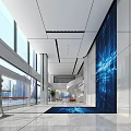 Modern Front Desk Reception Area With Digital Wall Display Glass Windows And Spacious Hallway