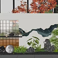 Scenic Wall Featuring Mosaic Tiles Mountain Pattern Green Plants Stone Lantern and Round Light