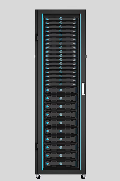 Industrial Equipment Server Rack With Multiple Vertical Slots And Blue Indicators 3d model