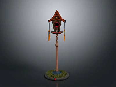 Wooden Birdhouse With Roof Structure Red Entrance Tassel Decorations And Grass Base 3d model