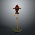 Wooden Birdhouse With Roof Structure Red Entrance Tassel Decorations And Grass Base