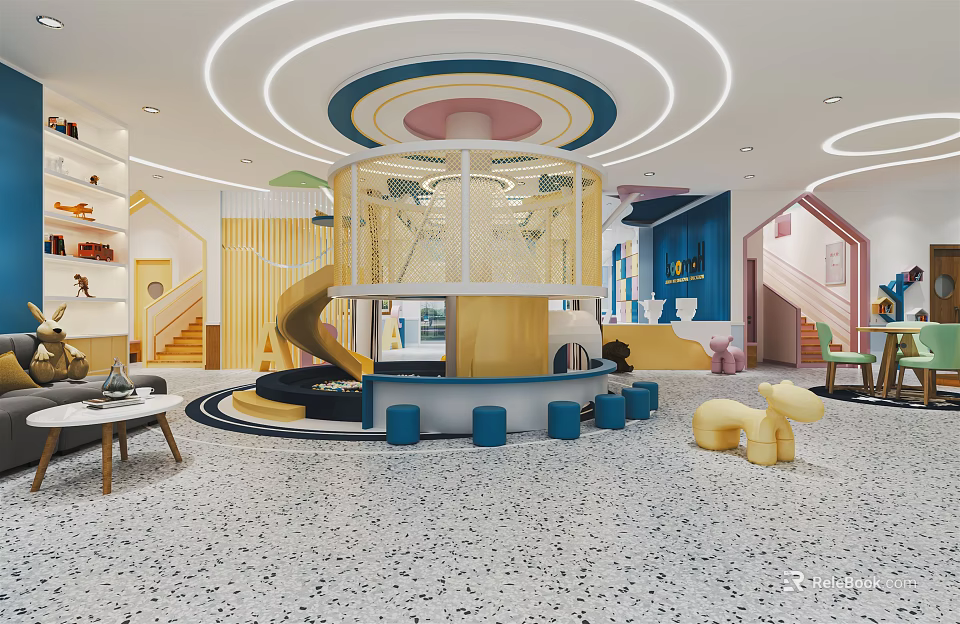 Colorful Kindergarten Interior With Circular Ceiling Lights Slide Transparent Play Area And Animal Seats 3d model 