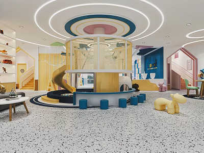 Colorful Kindergarten Interior With Circular Ceiling Lights Slide Transparent Play Area And Animal Seats 3d model