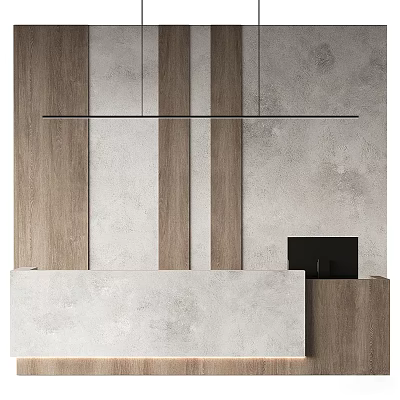 Modern Reception Desk Interior With Wooden Panels Concrete Walls And Black Monitor 3d model