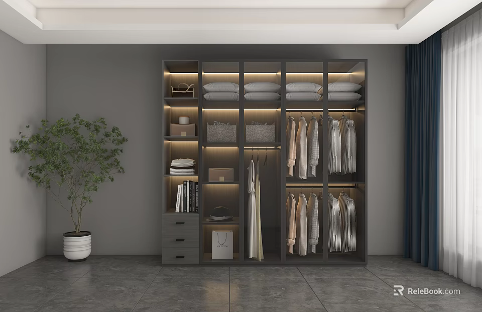 Modern Multi layered Wardrobe with Drawers Hanging Rails Folded Clothes and Green Plant Indoor 3d model 
