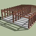 Large Wooden Pergola Structure Featuring Multiple Beams Columns And Concrete Floor 3d model