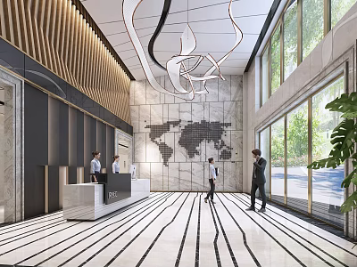 Modern Lobby Reception Area With Staff World Map Decor Chandelier Lighting And Patterned Flooring 3d model