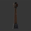 Decorative Wooden Pillar With Crossbar Hanging Red Banners Featuring Emblems On Pedestal Base