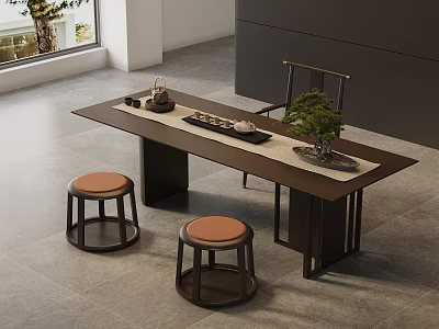 Modern Wooden Tea Table With Matching Chair Round Stools Tea Set And Small Potted Plant 3d model