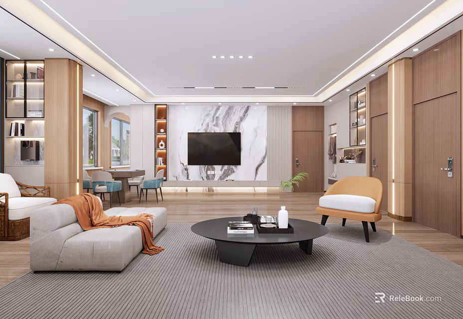 Modern Hotel Lobby With Sofa Coffee Table TV Marble Wall And Wooden Elements 3d model 