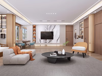 Modern Hotel Lobby With Sofa Coffee Table TV Marble Wall And Wooden Elements 3d model