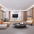 Modern Hotel Lobby With Sofa Coffee Table TV Marble Wall And Wooden Elements