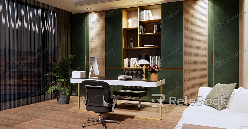 Modern Office Manager Office Desk and Chair Receptionship Area Sofa Combination Bookcase Computer model