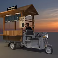 Wooden Mobile Food Cart With Cafe Bamboo Sign Selling Roasted Chestnuts At Sunset