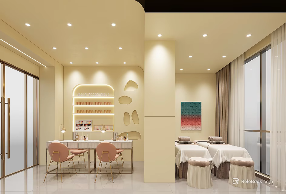 Elegant Beauty Salon Interior With Pink Chairs White Tables Shelves And Floor To Ceiling Windows 3d model 