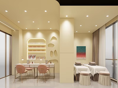 Elegant Beauty Salon Interior With Pink Chairs White Tables Shelves And Floor To Ceiling Windows 3d model
