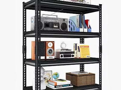 Multi Tiered Black Metal Shelf with Radio Books Speaker Globe and Storage Basket 3d model