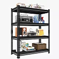 Multi Tiered Black Metal Shelf with Radio Books Speaker Globe and Storage Basket