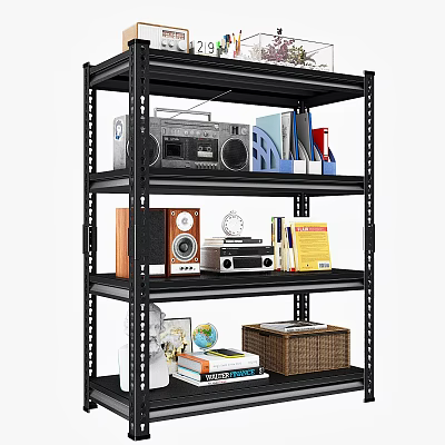 Multi Tiered Black Metal Shelf with Radio Books Speaker Globe and Storage Basket 3d model