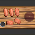 Fresh Salmon Sushi Rolls On Wooden Tray With Soy Sauce And Red Wine