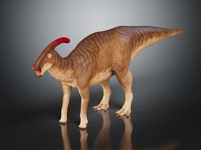 Brown Striped Dinosaur Model With Red Crest Standing On Dark Background 3d model