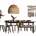 Solid wood dining table and chair combination 3d model