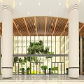 Modern School Lobby Interior With Glass Curtain Wall Columns And Green Plants