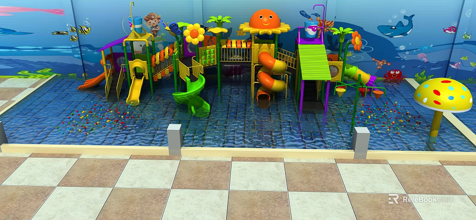 Colorful Playground Equipment with Slides Sunflower Decorations and Ball Pool in Kids Play Area 3d model 