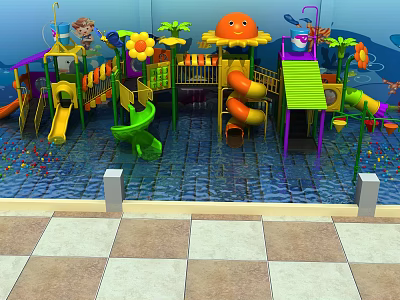 Colorful Playground Equipment with Slides Sunflower Decorations and Ball Pool in Kids Play Area 3d model