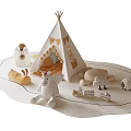 Stuffed Dolls With White Winged Unicorn And Small Sheep Around Tepee Tent On White Carpet