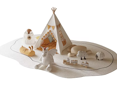 Stuffed Dolls With White Winged Unicorn And Small Sheep Around Tepee Tent On White Carpet 3d model