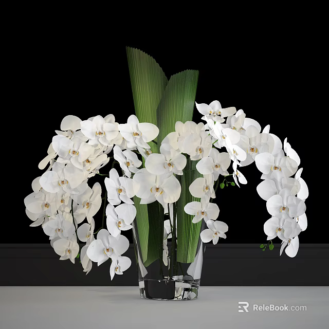 Elegant White Orchids With Fresh Green Leaves In Glass Vase Decorative Arrangement 3d model 