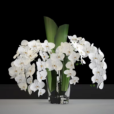 Elegant White Orchids With Fresh Green Leaves In Glass Vase Decorative Arrangement 3d model