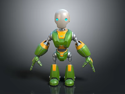 Robot Character With Silver Head Blue Eyes Green Yellow Metallic Body 3D Model Standing Pose 3d model