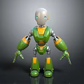 Robot Character With Silver Head Blue Eyes Green Yellow Metallic Body 3D Model Standing Pose