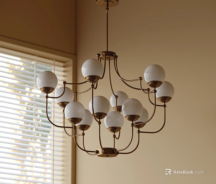 Chandelier With Multiple Spherical Glass Shades And Metal Frame Near Window With Blinds In Indoor Setting 3d model 