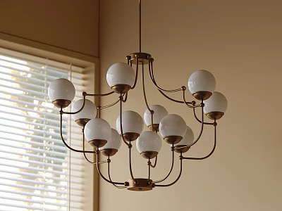 Chandelier With Multiple Spherical Glass Shades And Metal Frame Near Window With Blinds In Indoor Setting 3d model