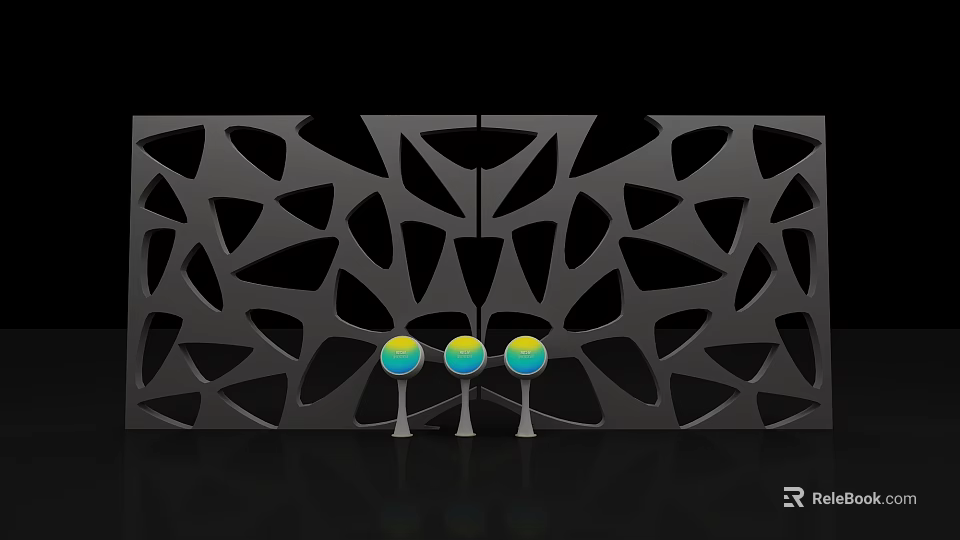 Black Screen with Geometric Cutout Design Front Three Colorful Spherical Ornaments Silver Bases 3d model 