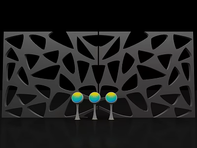 Black Screen with Geometric Cutout Design Front Three Colorful Spherical Ornaments Silver Bases 3d model