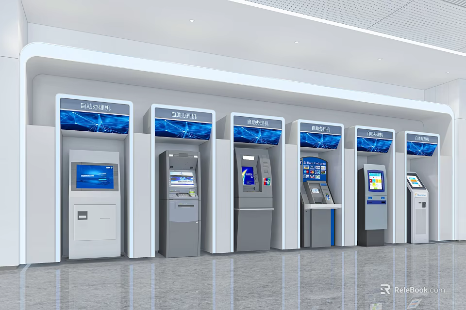 Public Facility With Row Of Modern Self Service Kiosks And Digital Screens 3d model 