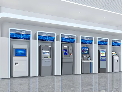 Public Facility With Row Of Modern Self Service Kiosks And Digital Screens 3d model