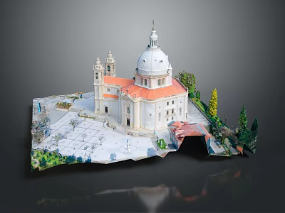 Historic Building Model With White Dome Red Roof Towers And Green Trees Square 3d model