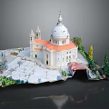 Historic Building Model With White Dome Red Roof Towers And Green Trees Square