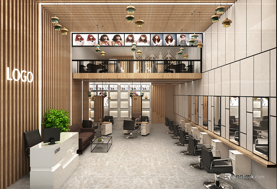 Elegant Modern Hair Beauty Salon Interior With Styling Chairs Mirrors And Lighting Fixtures 3d model 