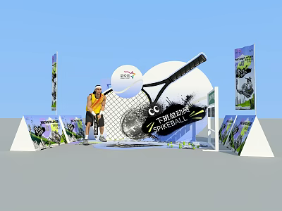 Vibrant Street Football Exhibition Booth Featuring Person And Billboards 3d model