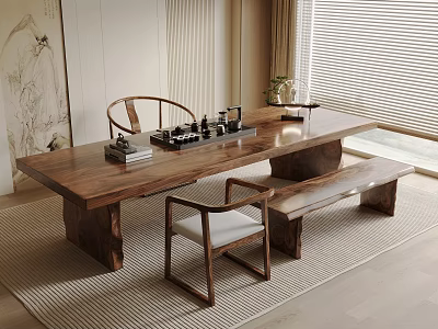 Chinese Style Wooden Tea Table and Chairs with Tea Sets on Carpet Near Window 3d model