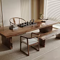 Chinese Style Wooden Tea Table and Chairs with Tea Sets on Carpet Near Window