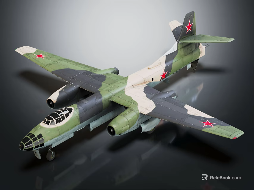 Military Aircraft Model With Camouflage Paint Red Star Emblems And Twin Engines 3d model 