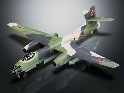Military Aircraft Model With Camouflage Paint Red Star Emblems And Twin Engines 3d model